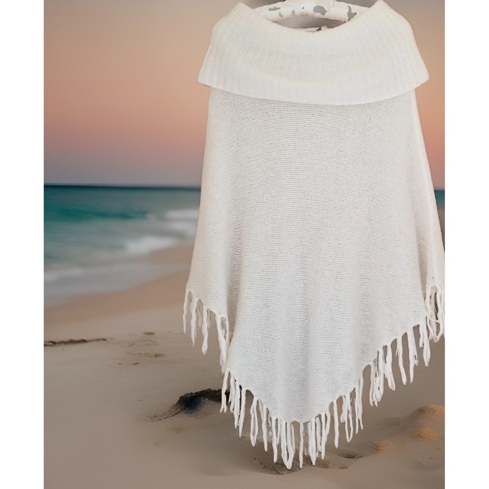 GUESS LA Womens M Cowl Neck Fringe IVORY Cape Poncho Wrap Boho Nautical Cozy
